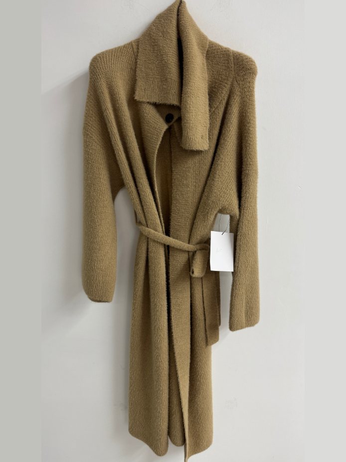 Camel bouclé belted long cardigan with scarf collar, style DS27-K10306, from the Knitwear World sample collection