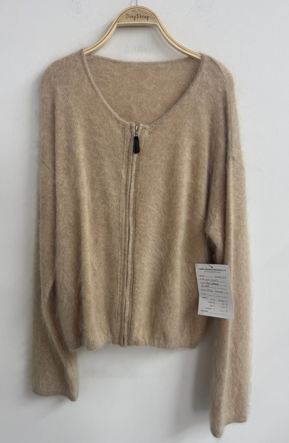 Camel brushed cashmere-blend zip cardigan, style DS27-K01006, from the Knitwear World sample collection