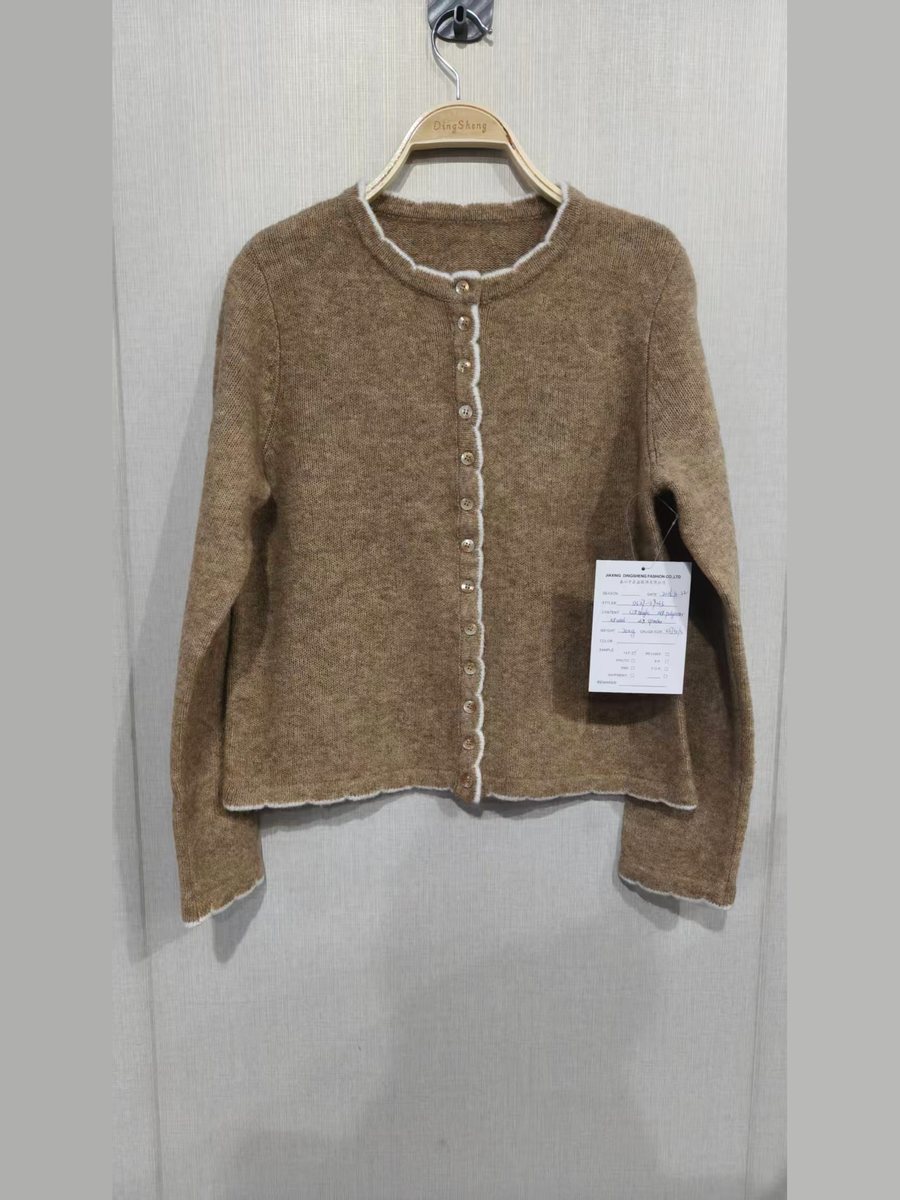 Camel cardigan with ivory picot trim, style DS27-09033, from the Knitwear World sample collection