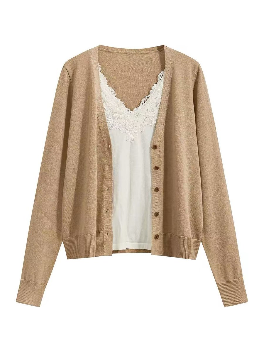 Camel cardigan with lace cami layer, style DS27-VE017, from the Knitwear World sample collection