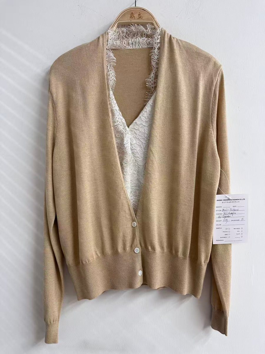 Camel cardigan with lace-trim inner layer, style DS27-YS04001, from the Knitwear World sample collection