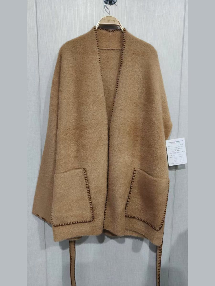 Camel faux-mink long belted cardigan, style JUSTINIEN-001, from the Knitwear World sample collection