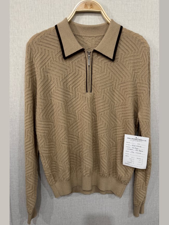 Camel quarter-zip polo sweater with tipped collar, style DS26-K03002, from the Knitwear World sample collection