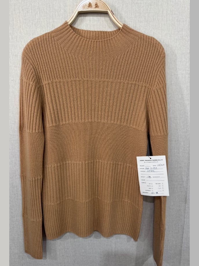 Camel rib-panel mock-neck pullover, style DS26-TC-PX19, from the Knitwear World sample collection