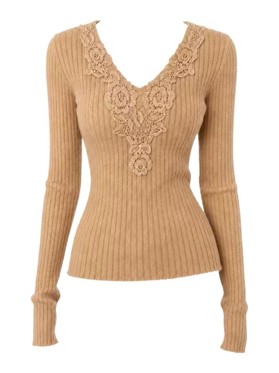 Camel rib pullover with lace appliqué, style DS27-VE015, from the Knitwear World sample collection