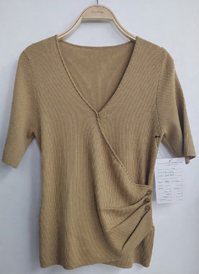 Camel rib wrap-front short-sleeve top, style DS26-07035, from the Knitwear World sample collection