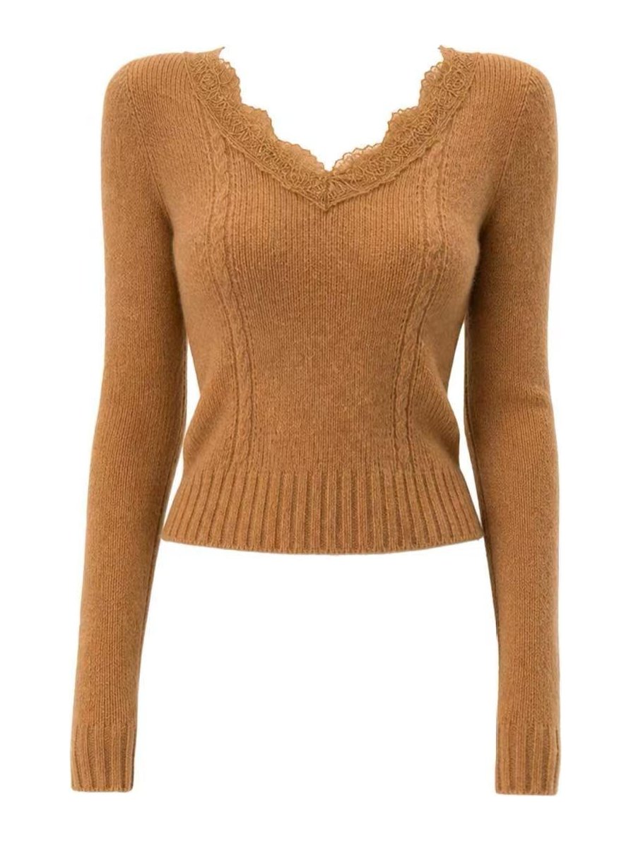 Camel scallop V-neck rib pullover, style DS27-VE014, from the Knitwear World sample collection