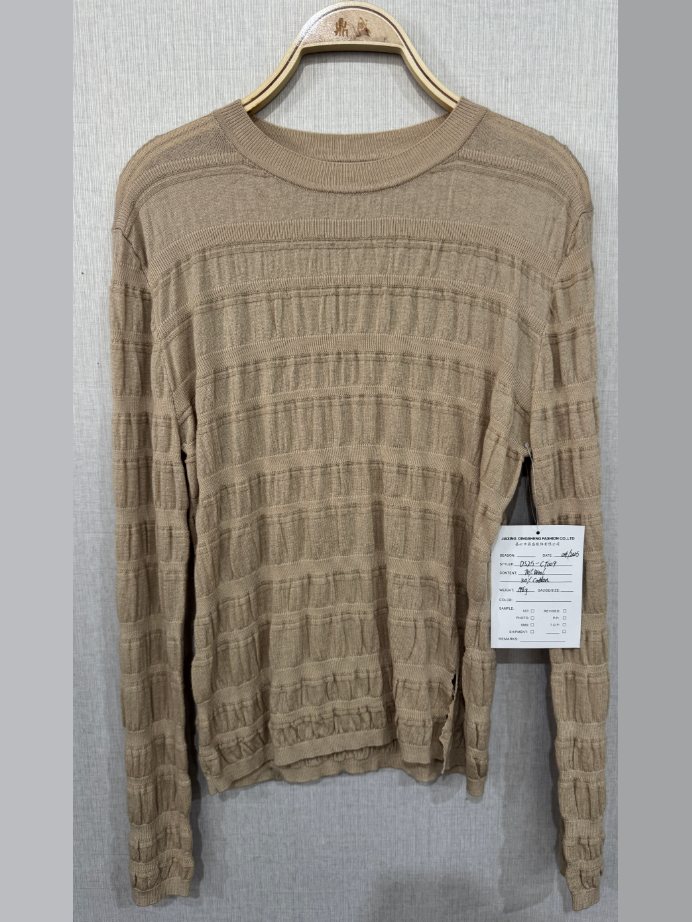 Camel textured-stripe crew-neck pullover, style DS25-CT009, from the Knitwear World sample collection