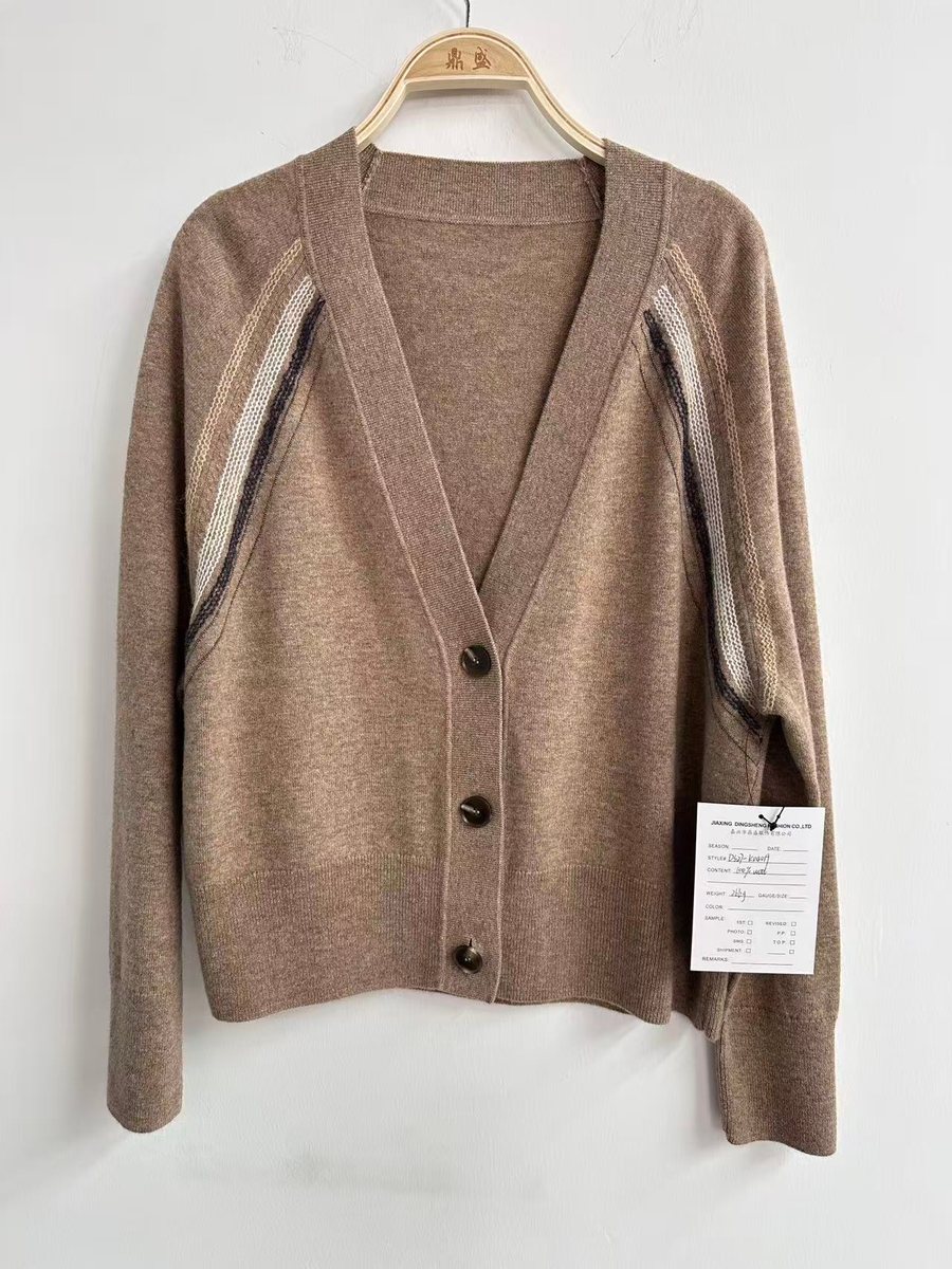 Camel V-neck wool cardigan with stripe detail, style DS27-K04019-B, from the Knitwear World sample collection