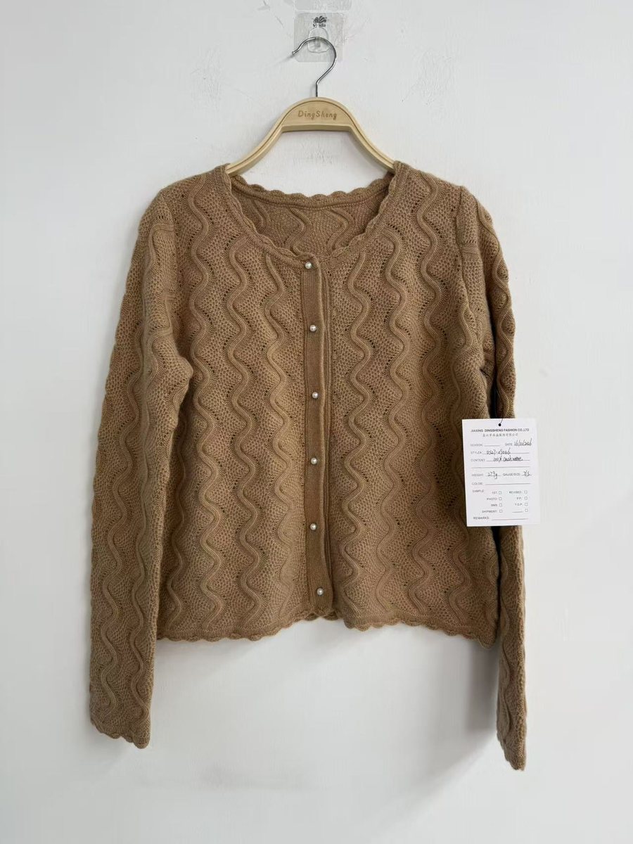 Camel wave-cable cashmere cardigan with scalloped neckline, style DS27-09046, from the Knitwear World sample collection