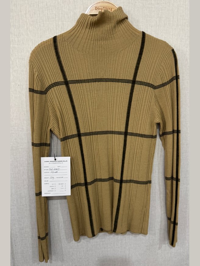 Camel windowpane-check mock-neck pullover, style DS27-K04017, from the Knitwear World sample collection