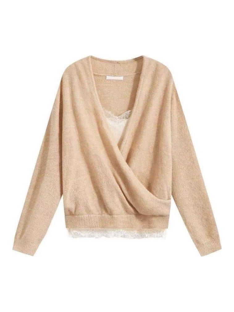 Camel wrap-front pullover with lace hem, style DS27-VE07, from the Knitwear World sample collection