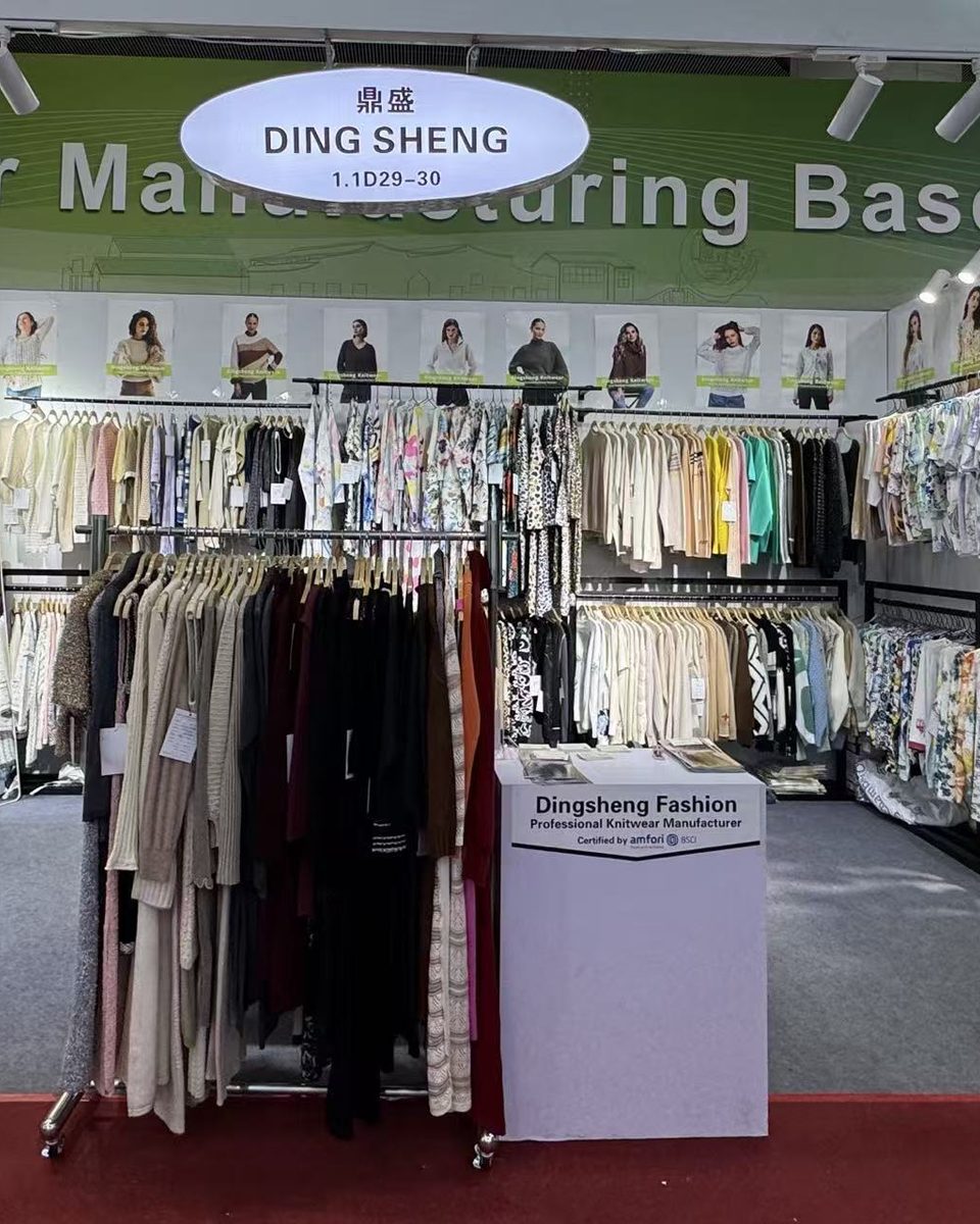 Sweater samples on display at the Knitwear World stand, Canton Fair, Guangzhou