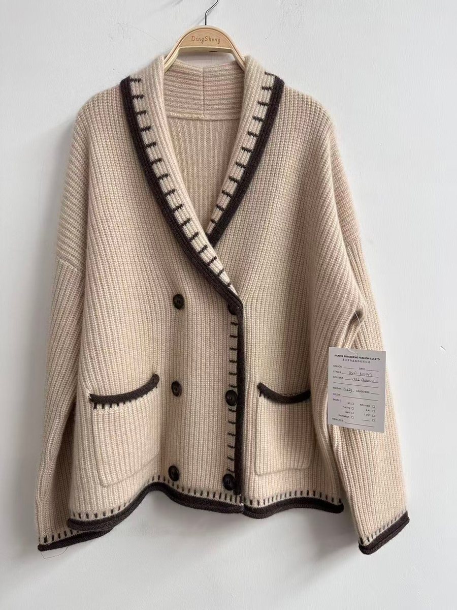Cashmere shawl-collar cardigan with contrast trim, style DS27-K01047, from the Knitwear World sample collection