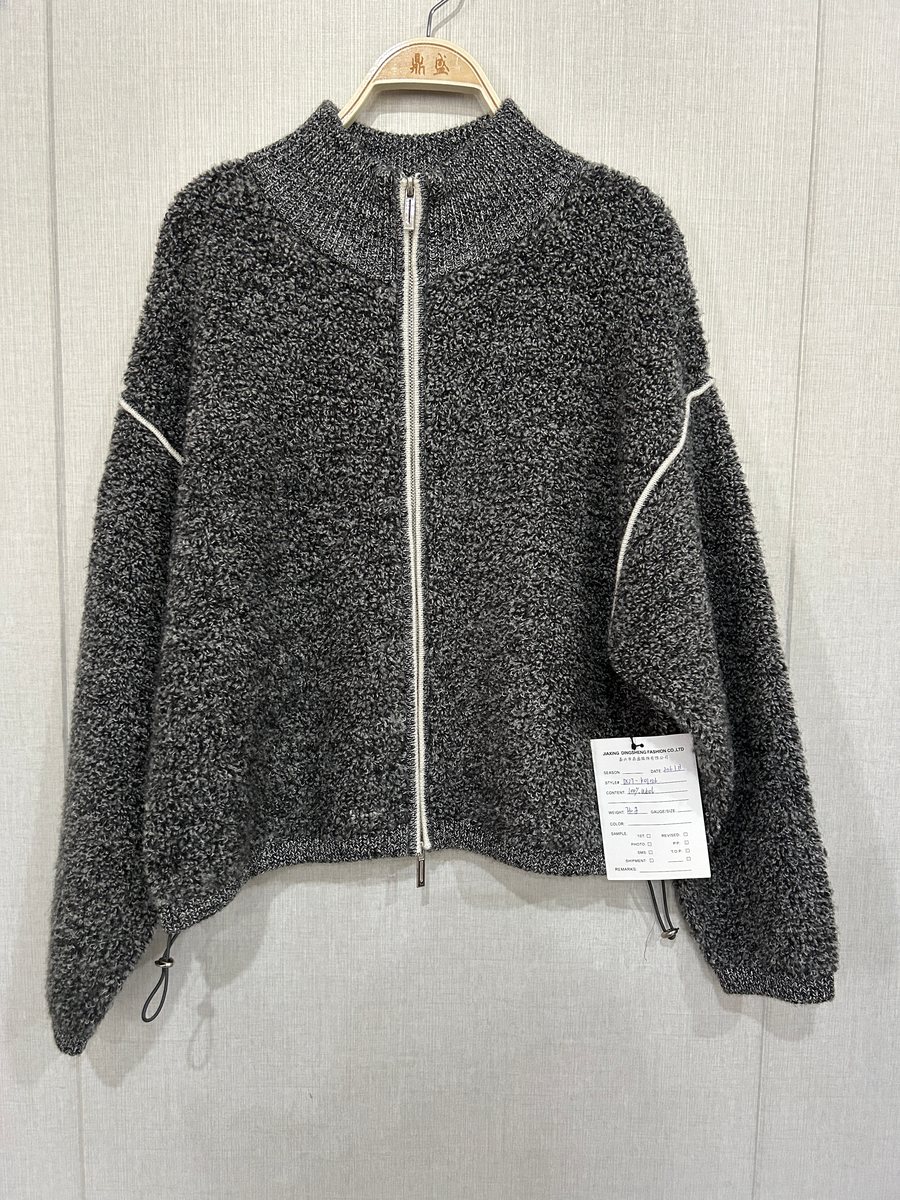 Charcoal bouclé zip cardigan with ivory piping, style DS27-K01026, from the Knitwear World sample collection