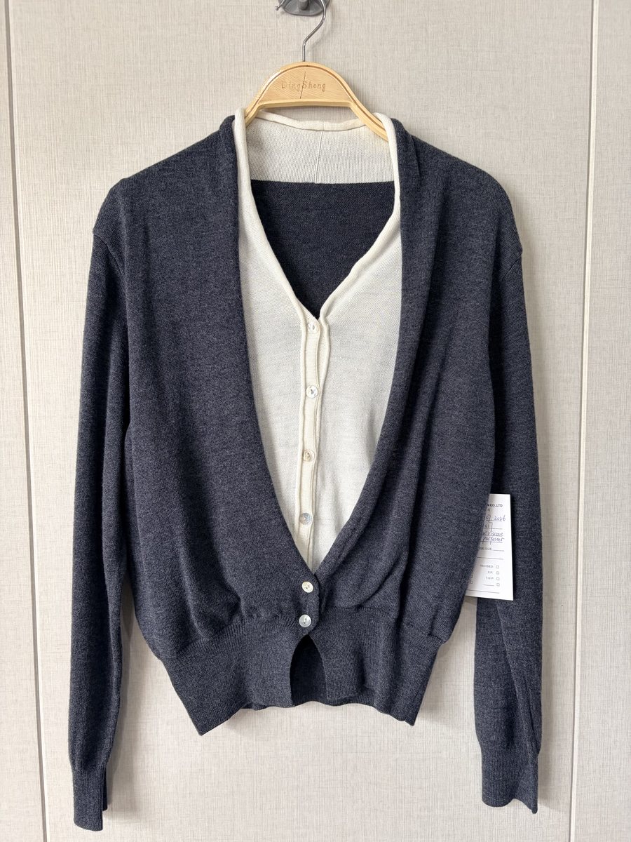 Charcoal cardigan with layered-look ivory front, style DS27-K070017, from the Knitwear World sample collection