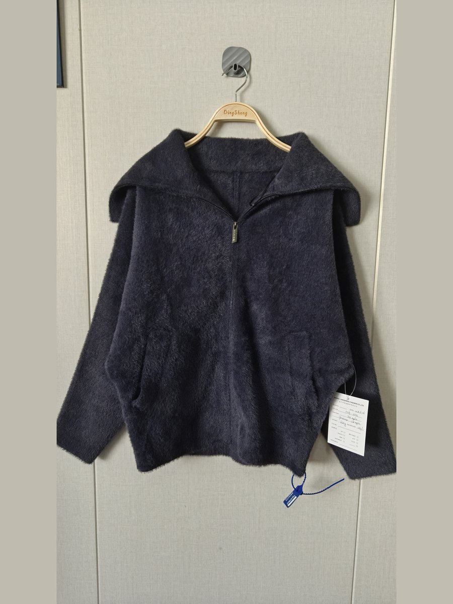 Charcoal faux-mink zip jacket with sailor collar, style DS27-2234, from the Knitwear World sample collection