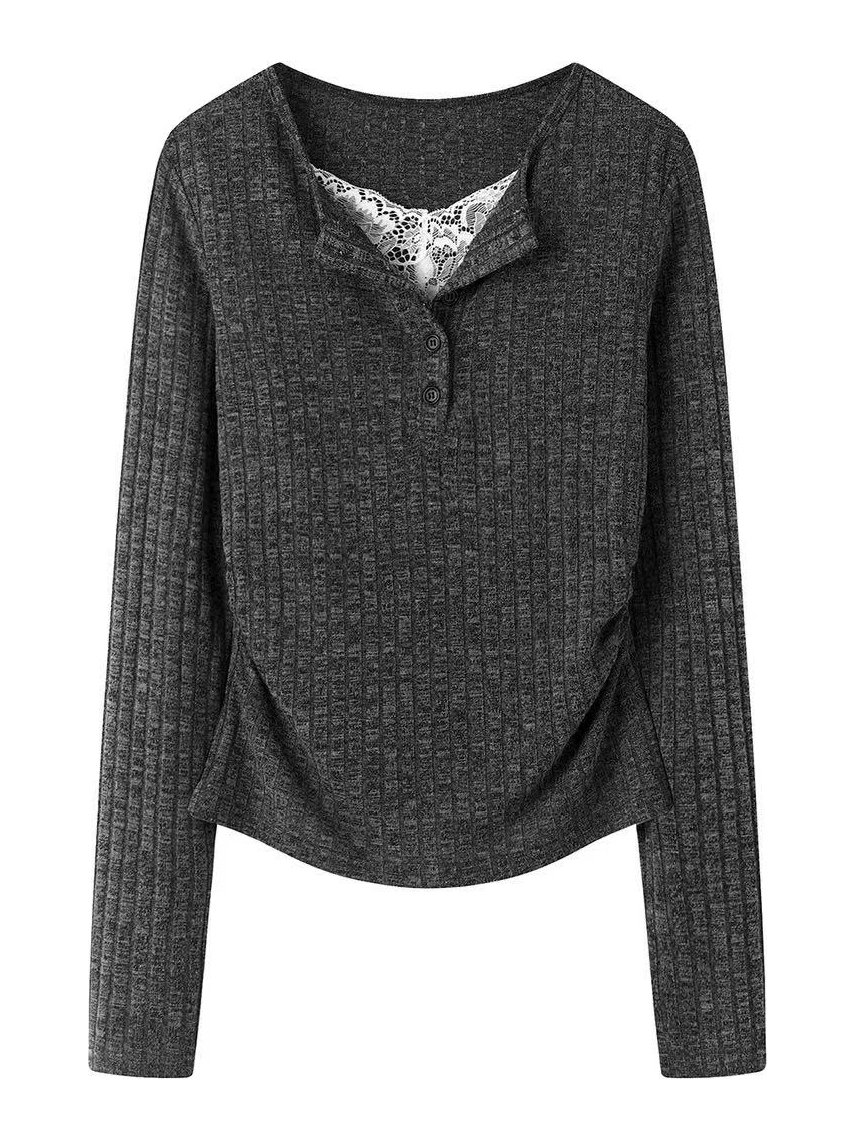 Charcoal henley with lace inset, style DS27-VE020, from the Knitwear World sample collection