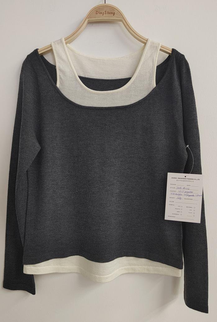Charcoal layered-look pullover with ivory trim, style DS26-08022, from the Knitwear World sample collection