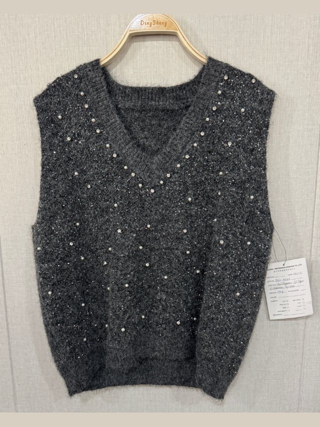 Charcoal sequinned tinsel-yarn sweater vest, style DS27-K01007, from the Knitwear World sample collection