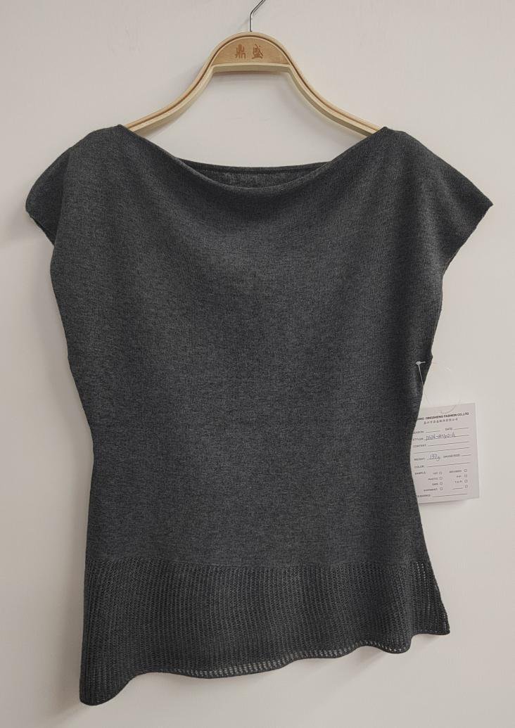 Charcoal short-sleeve peplum knit top, style DS26-08030-A, from the Knitwear World sample collection