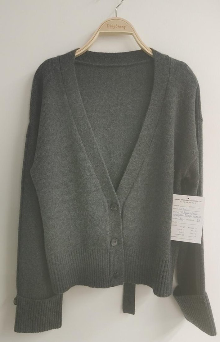 Charcoal V-neck cardigan with tie hem, style CE1620, from the Knitwear World sample collection