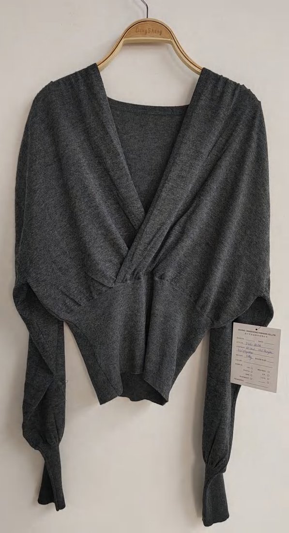 Charcoal wrap-front knit top, style DS26-08034, from the Knitwear World sample collection