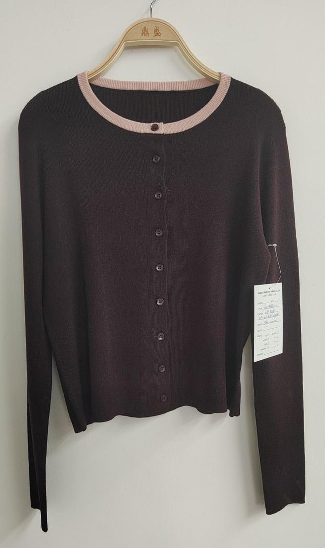 Dark brown cardigan with pink trim, style DS26-08021-B, from the Knitwear World sample collection