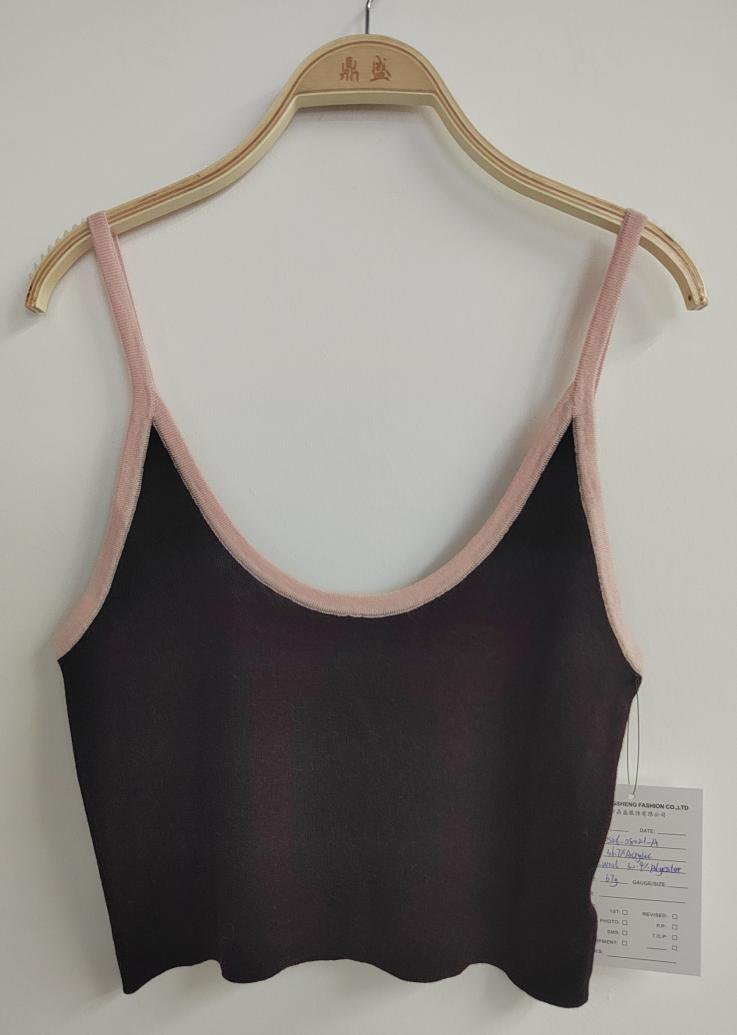 Dark brown knit cami with pink trim, style DS26-08021-A, from the Knitwear World sample collection