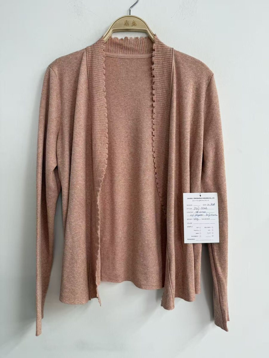 Dusty pink open-front cardigan with picot edge, style DS27-K1003, from the Knitwear World sample collection