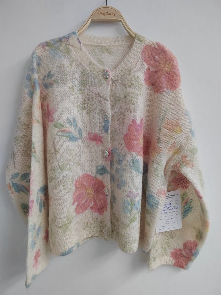 Floral print brushed-knit cardigan, style DS26-08044, from the Knitwear World sample collection