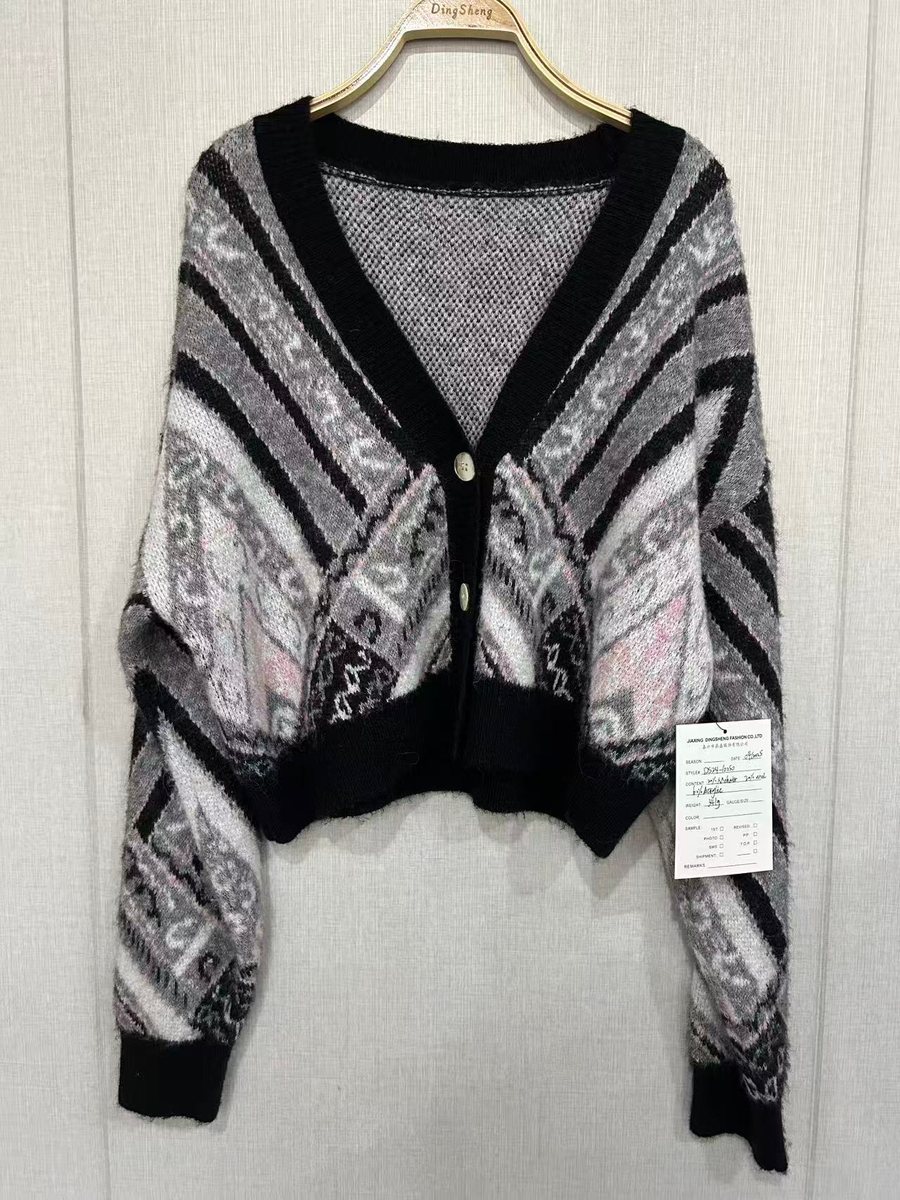 Grey and black paisley jacquard V-neck cardigan, style DS24-10050, from the Knitwear World sample collection