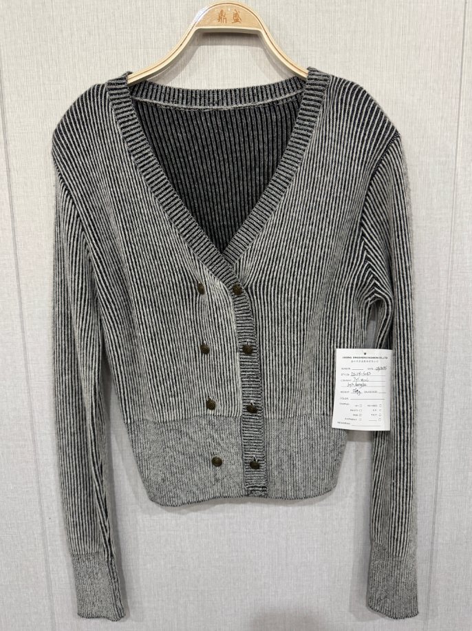 Grey and black pinstripe-rib double-breasted cardigan, style DS24-10043, from the Knitwear World sample collection