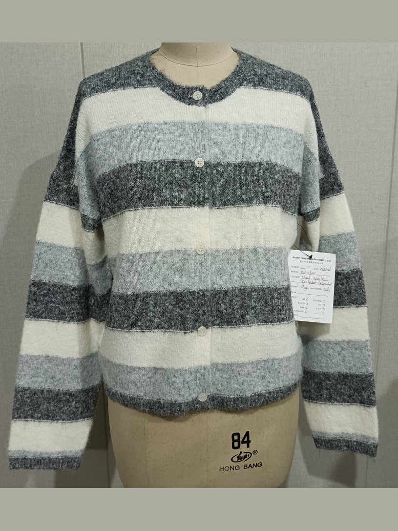 Grey and ivory bouclé block-stripe cardigan, style DS27-09041, from the Knitwear World sample collection
