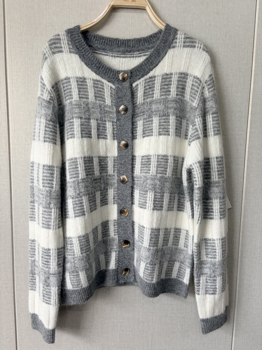 Grey and ivory check-pattern cardigan, style DS24-06223A, from the Knitwear World sample collection