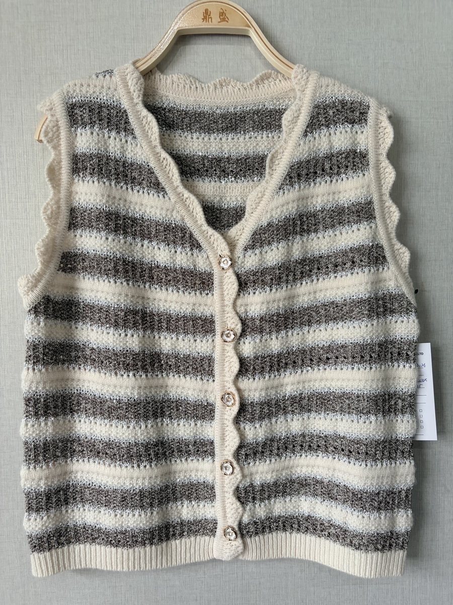 Grey and ivory stripe vest with scallop trim, style DS27-K070035, from the Knitwear World sample collection