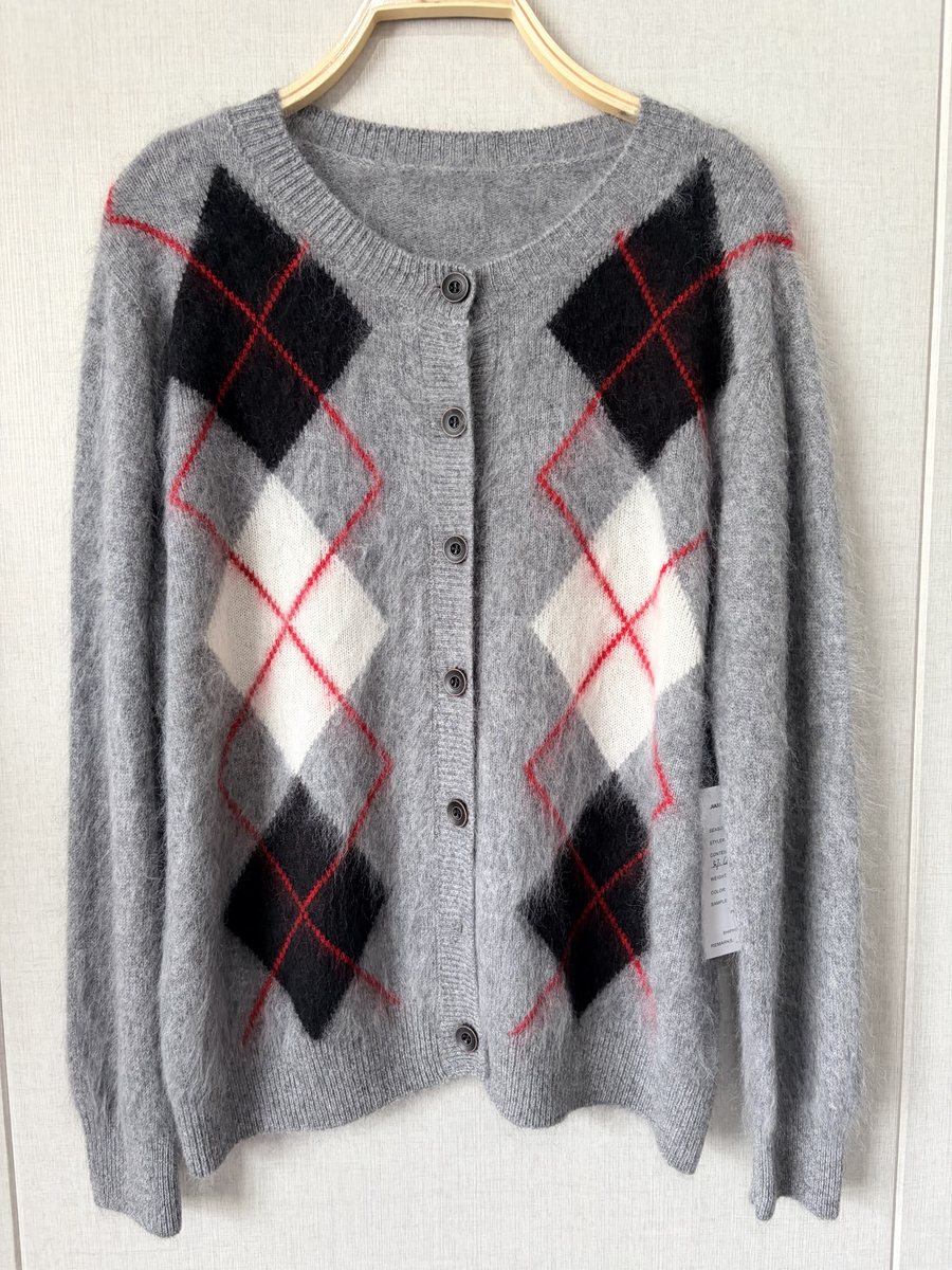Grey argyle brushed cardigan, style DS27-K04069, from the Knitwear World sample collection