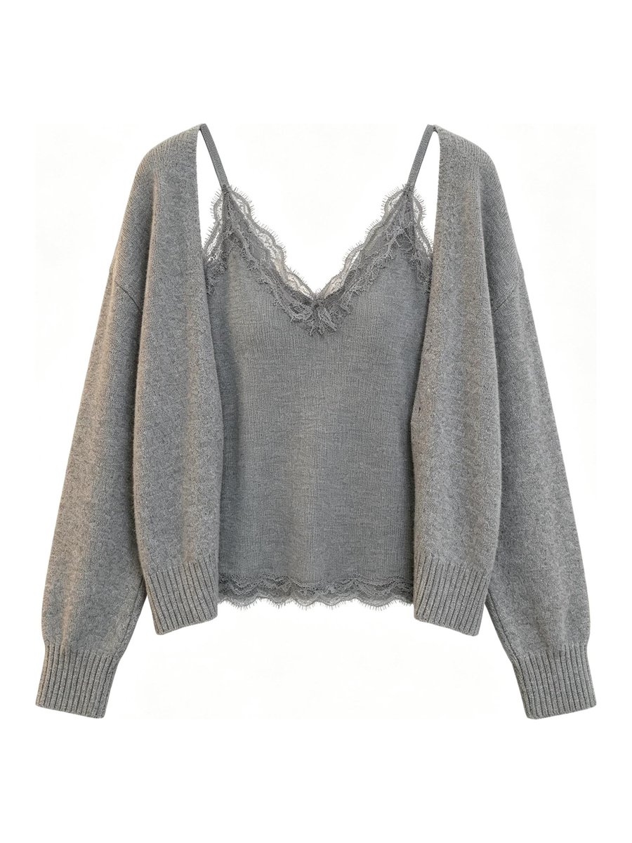 Grey cardigan and lace-trim cami set, style DS27-VE011, from the Knitwear World sample collection