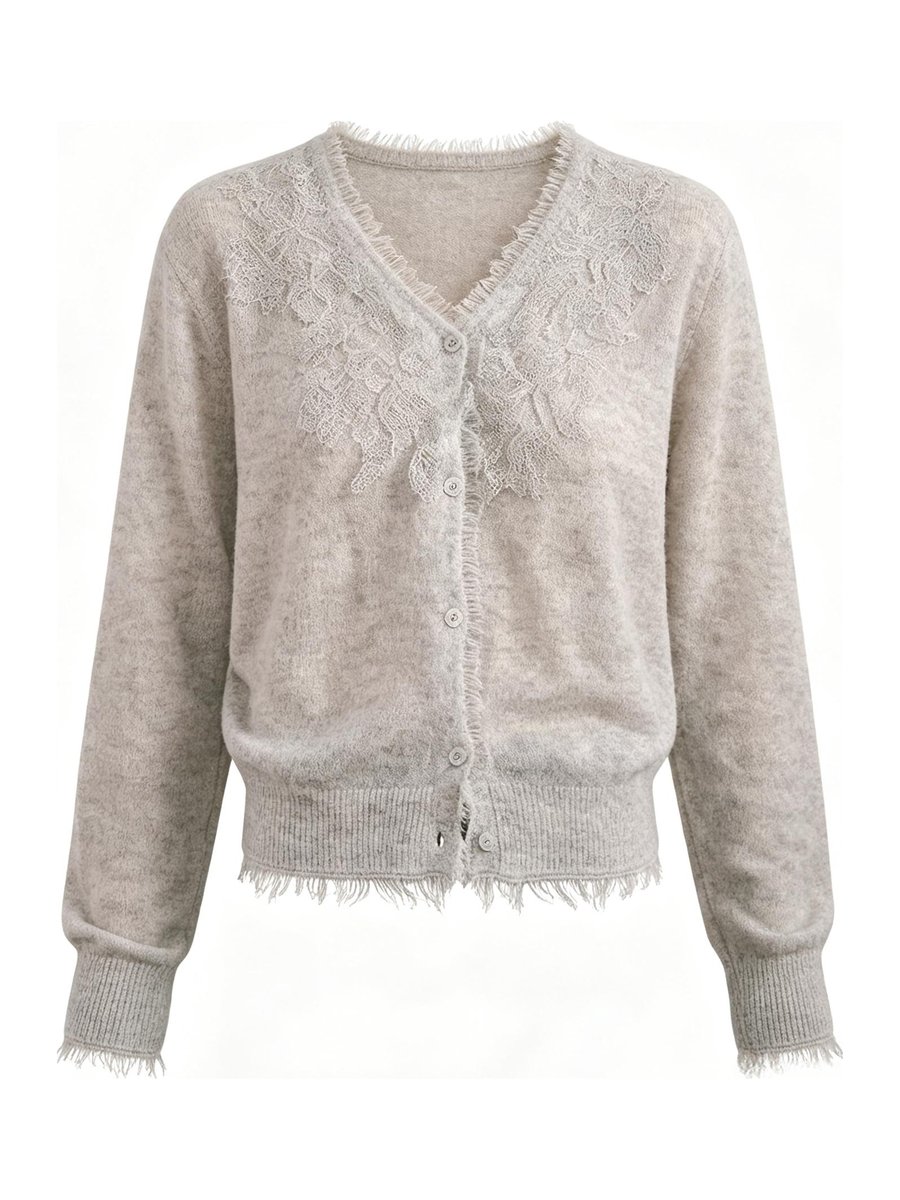 Grey cardigan with lace placket and hem, style DS27-VE09, from the Knitwear World sample collection