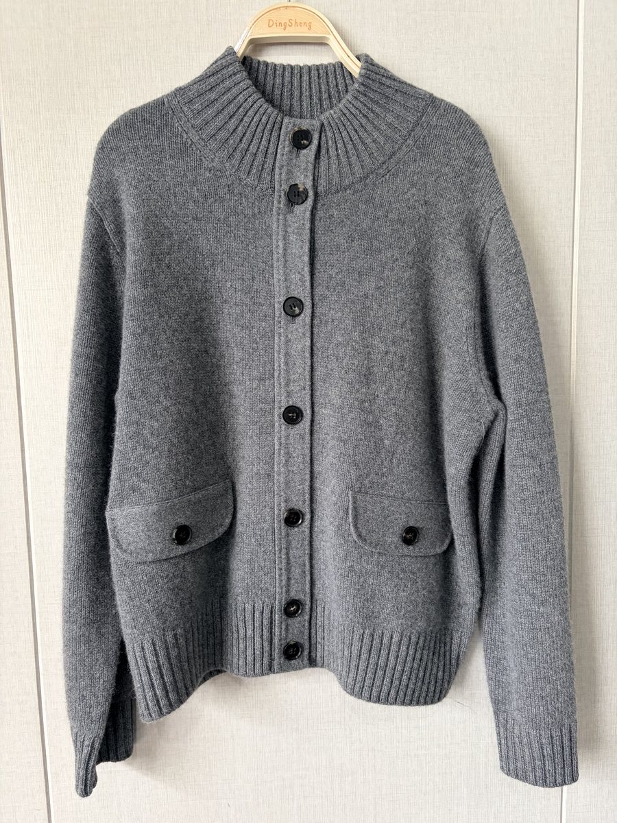 Grey cashmere mock-neck cardigan with pockets, style DS27-K01049, from the Knitwear World sample collection