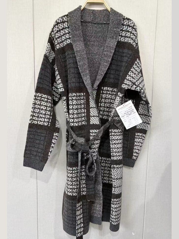 Grey check jacquard belted long cardigan, style DS27-09025-B, from the Knitwear World sample collection