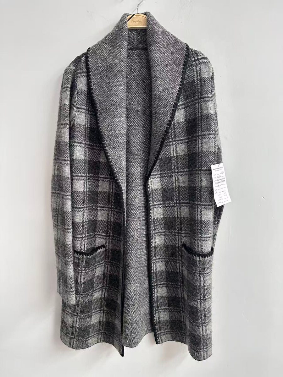 Grey check long cardigan with shawl collar, style DS25-04068, from the Knitwear World sample collection