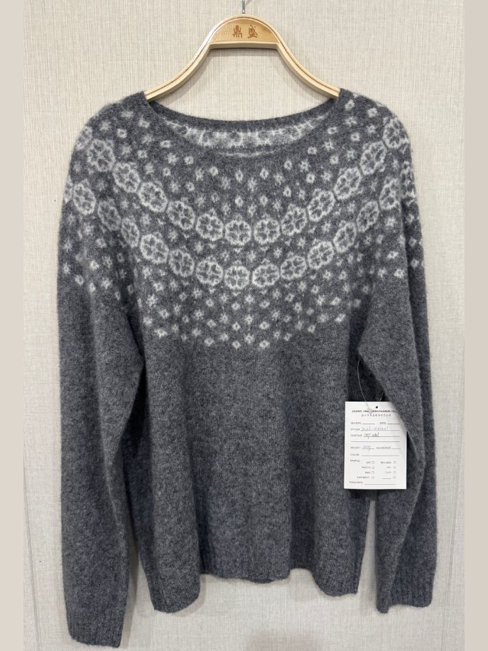 Grey Fair Isle yoke pullover, style DS27-K01001, from the Knitwear World sample collection