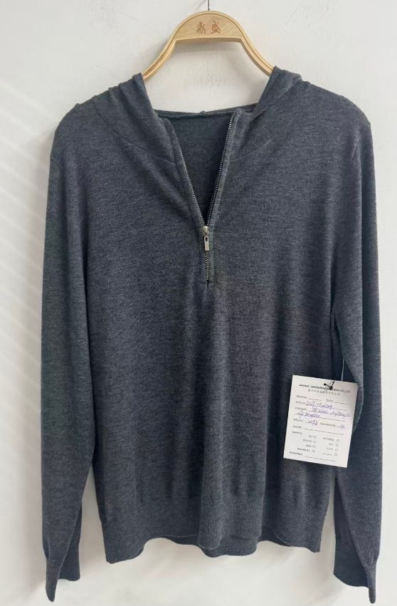 Grey hooded zip cardigan, style DS27-K06004, from the Knitwear World sample collection