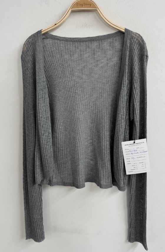 Grey layered-look rib cardigan, style DS27-K06032, from the Knitwear World sample collection