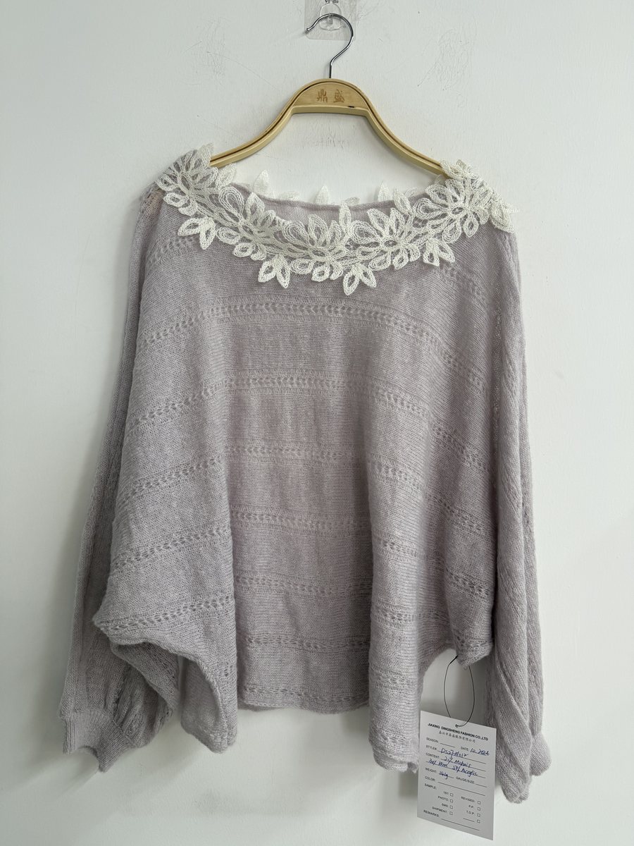 Grey mohair-blend pointelle pullover with crochet flower collar, style DS27-K1012, from the Knitwear World sample collection
