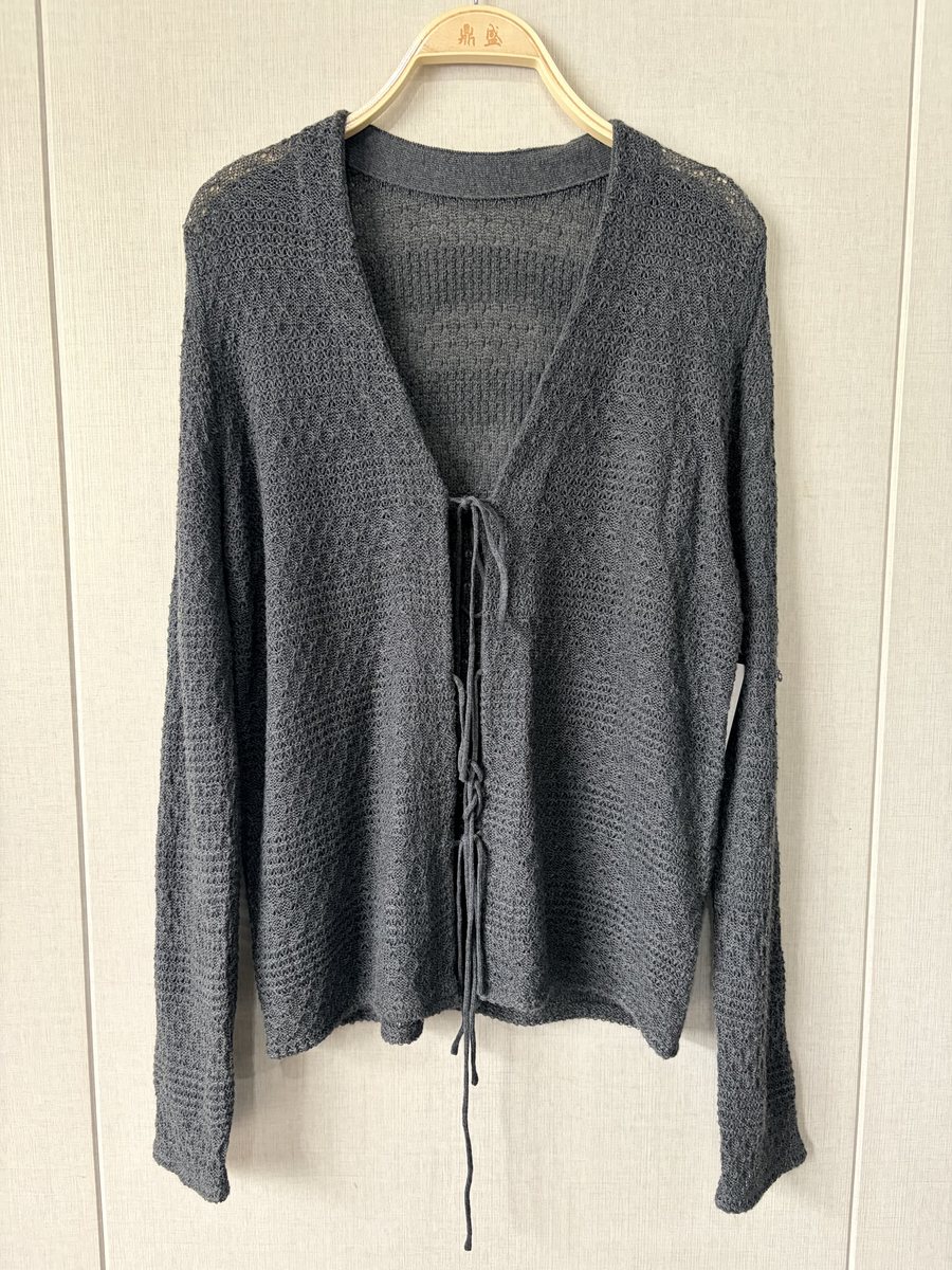Grey open-knit tie-front cardigan, style DS27-K06052, from the Knitwear World sample collection