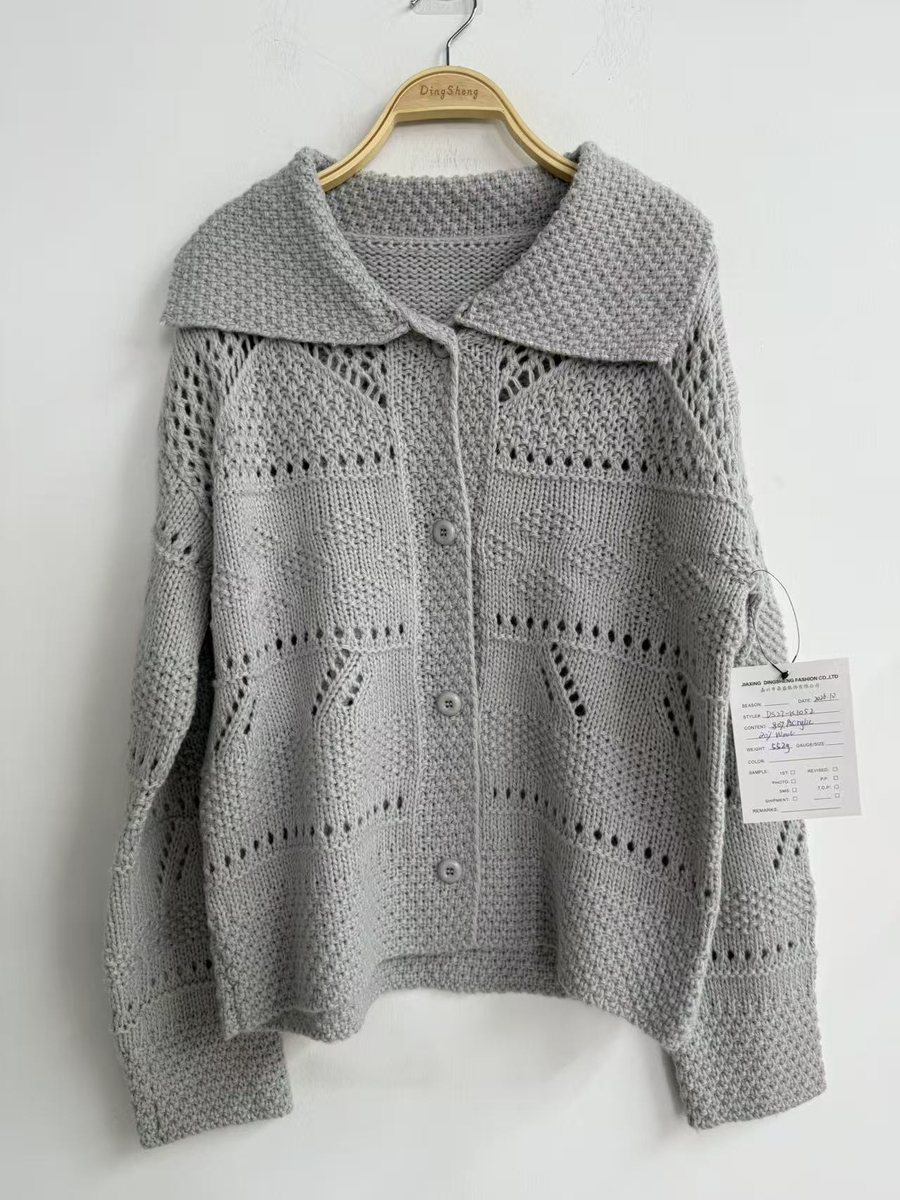 Grey pointelle cardigan with oversized collar, style DS27-K1052, from the Knitwear World sample collection