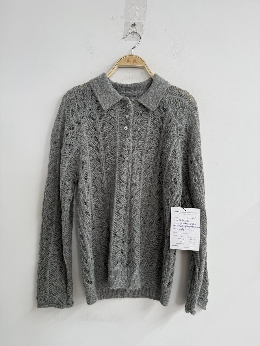 Grey pointelle polo-collar pullover, style DS27-K1056, from the Knitwear World sample collection