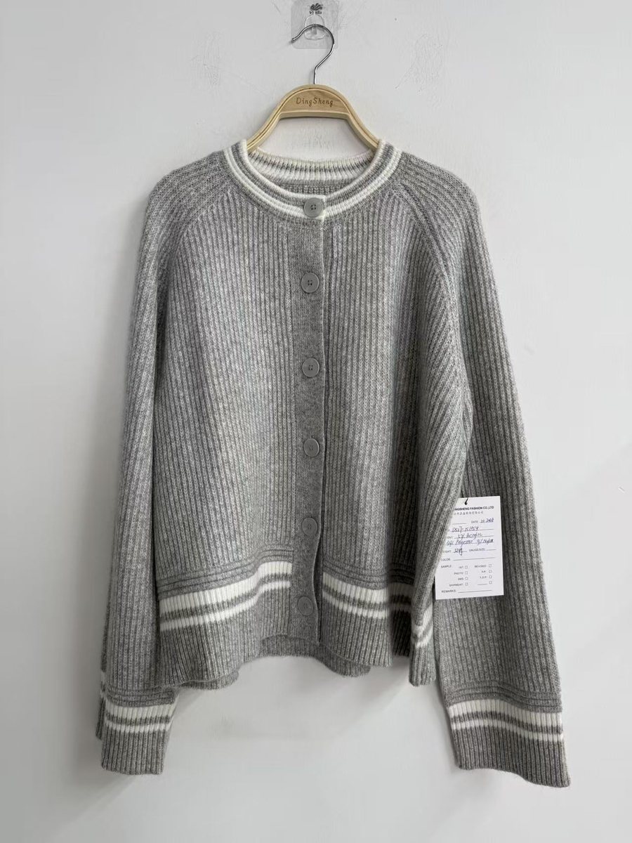 Grey rib cardigan with varsity-stripe trims, style DS27-K1054, from the Knitwear World sample collection
